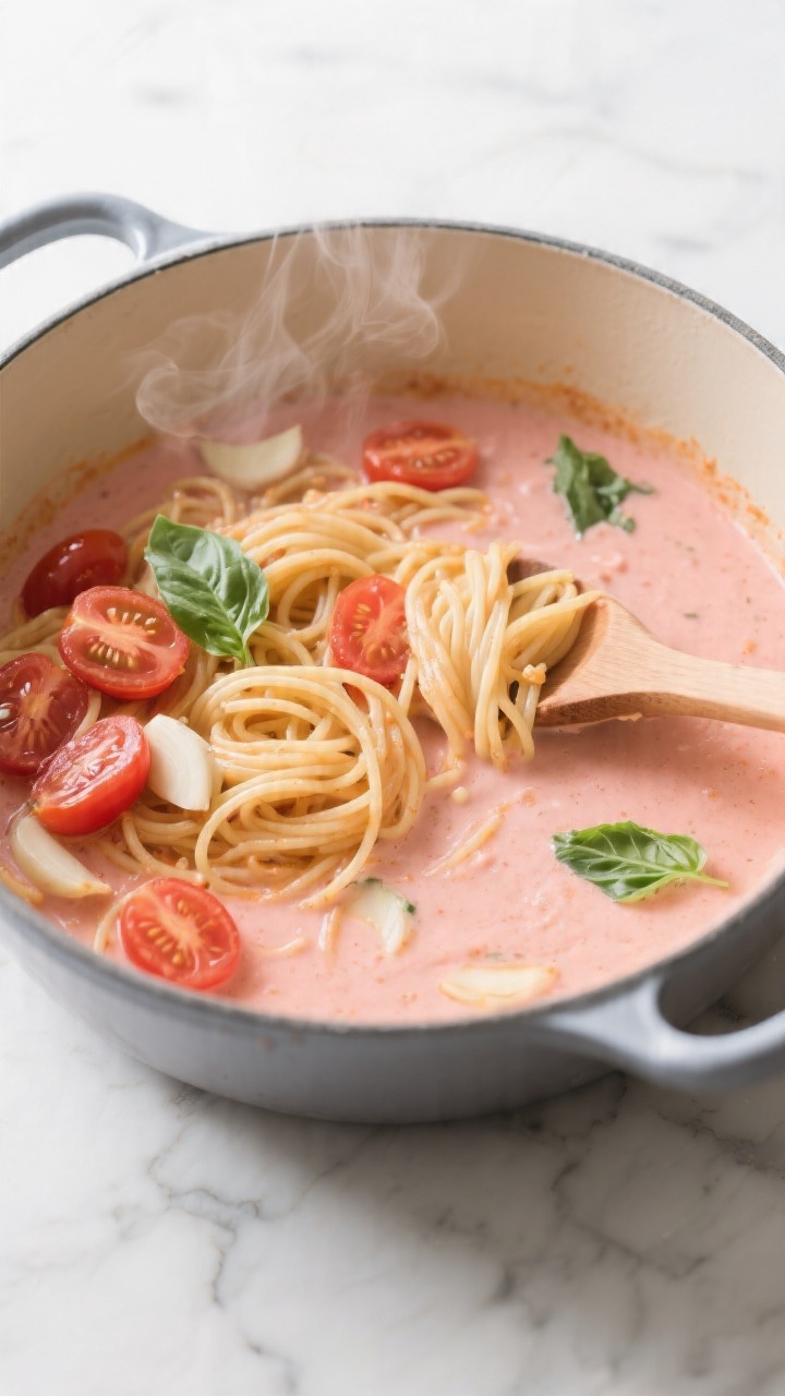 45-degree angle shot of creamy one-pot tomato basil pasta in a wide, shallow pot: halved cherry tomatoes bursting into a silky pink-orange sauce with visible thinly sliced garlic; spaghetti broken in half twirled into the creamy broth-milk base, starch giving it sheen; fresh basil leaves torn and scattered, a gentle steam haze; wooden spoon resting on the pot edge with sauce clinging; minimalist marble surface, bright daylight for a fresh, simple Italian mood.