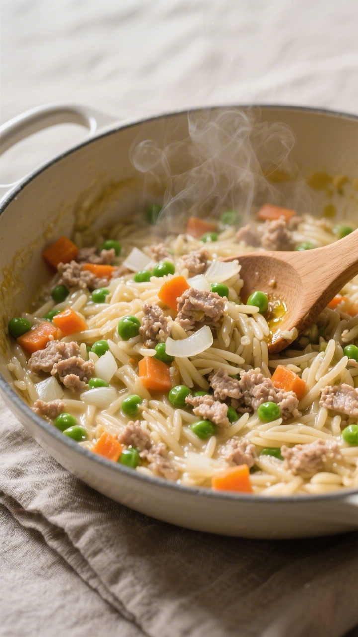 45-degree angle shot of Creamy One-Pot Turkey Orzo with peas and carrots in a wide, shallow enameled pot: glossy orzo folded with crumbled ground turkey, very finely chopped onion, finely diced carrot, and sweet green peas, steam gently rising, a wooden spoon resting in the pot showing the creamy, cohesive texture; olive oil sheen visible, garlic bits peeking through; soft family-friendly vibe, muted linens beneath, professional, appetizing, no people.