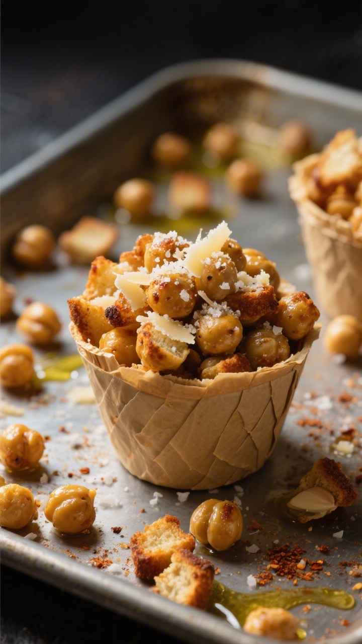 45-degree angle shot of Crunchy Chickpea “Crouton” Cups fresh from roasting: golden, blistered chickpeas piled into small paper snack cups and dusted generously with finely grated Parmesan; visible seasoning of sea salt, garlic powder, and smoked paprika clinging to the crispy surfaces; a rimmed sheet pan with scattered, crackly chickpeas and a drizzle of olive oil in the background; moody side light to emphasize crunch and texture, no people.