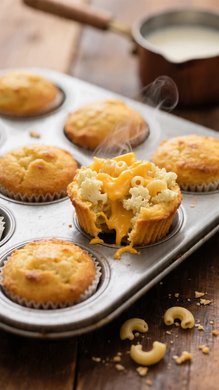 45-degree angle shot of golden mac ‘n’ cheese muffins cooling in a metal muffin tin, with one muffin torn open to reveal creamy elbow macaroni and finely chopped cauliflower hidden inside. Visible cheese pull from sharp cheddar, light steam rising, a small saucepan with a butter-flour roux and milk in the background to hint at the cheese sauce base. Warm, homey mood, shallow depth of field, crumbs scattered on a wooden surface.