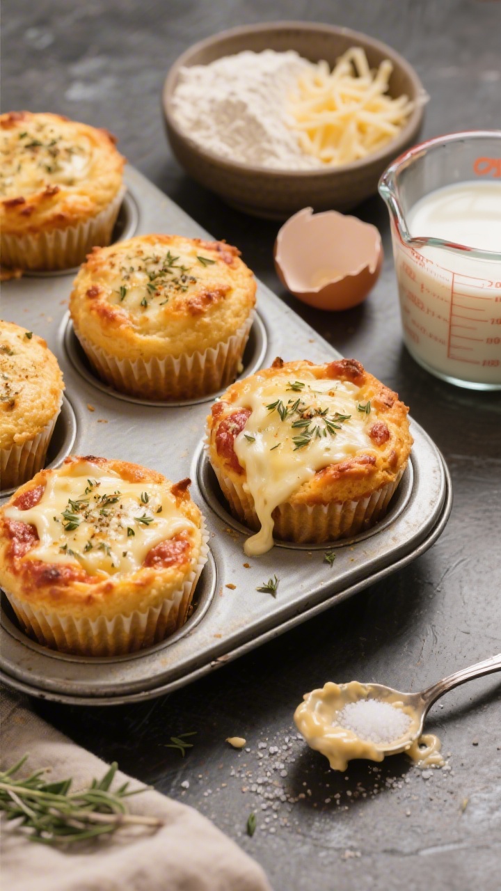 45-degree angle shot of golden Mini Pizza Muffins cooling in a metal mini-muffin tin, showing cheese pull and specks of dried oregano and garlic powder on the domed tops; ingredients staged to the side: a small bowl of all-purpose flour, baking powder, shredded mozzarella, milk in a measuring cup, a cracked large egg, and kosher salt; a spoon with batter residue; warm, inviting tones, sharp focus on the muffin crumb and melted cheese, professional kitchen backdrop.