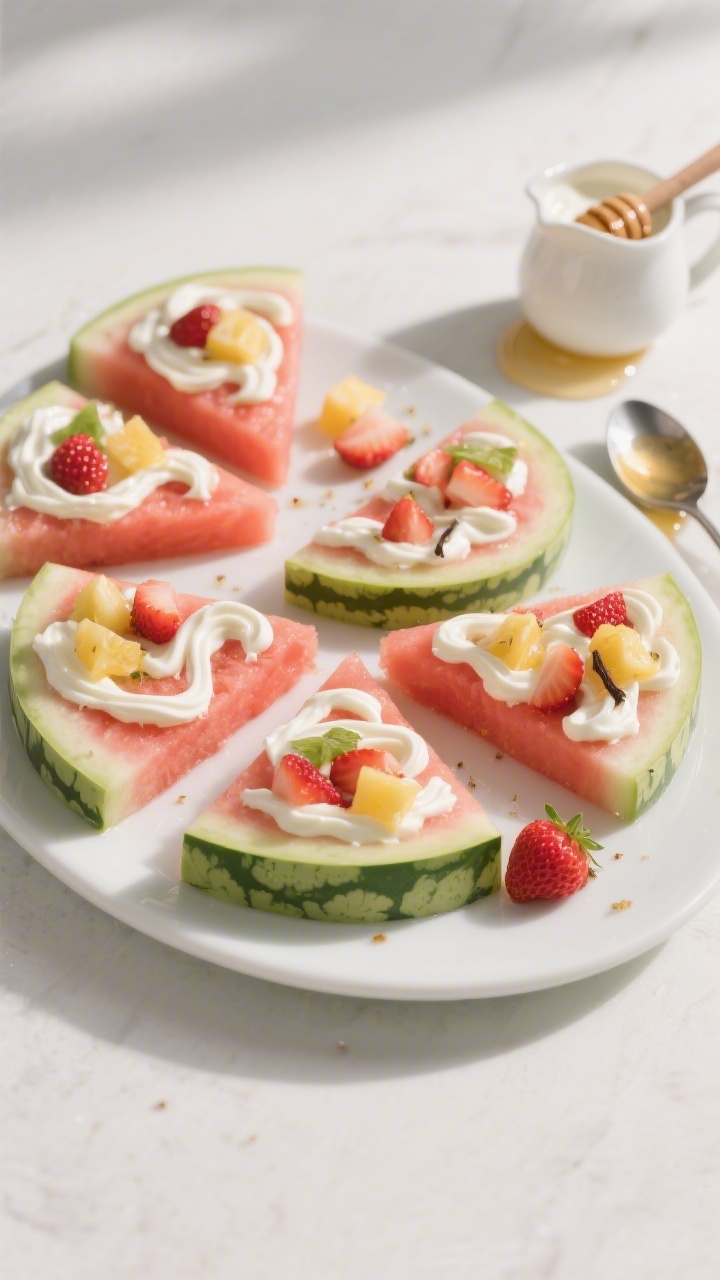 45-degree angle shot of mini watermelon “pizzas” arranged on a white platter: thick watermelon rounds sliced into wedges, each topped with Greek yogurt swirls (vanilla or plain lightly sweetened with honey/maple and vanilla extract), then sprinkled with colorful fruit “toppings” like diced strawberries and pineapple tidbits. Show a small drizzle of honey in a tiny pitcher and a spoon with yogurt nearby. Fresh, summery mood, soft natural light, clean background, focus on glossy watermelon, creamy yogurt ripples, and bright fruit accents.