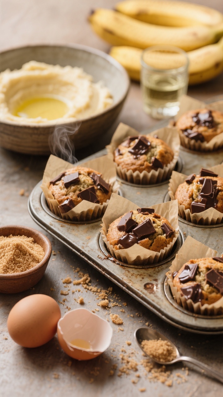 45-degree angle shot of no-fuss banana muffins with glossy chocolate chunks peeking through, arranged in a rustic muffin tin lined with parchment cups; a mashed banana bowl, neutral oil in a small glass, granulated and light brown sugar in ramekins, two cracked eggs, and a teaspoon of vanilla nearby to suggest one-bowl prep; warm, cozy tones, crumbs on the surface, a few chocolate chunks melted on top, steam subtly visible for freshness.