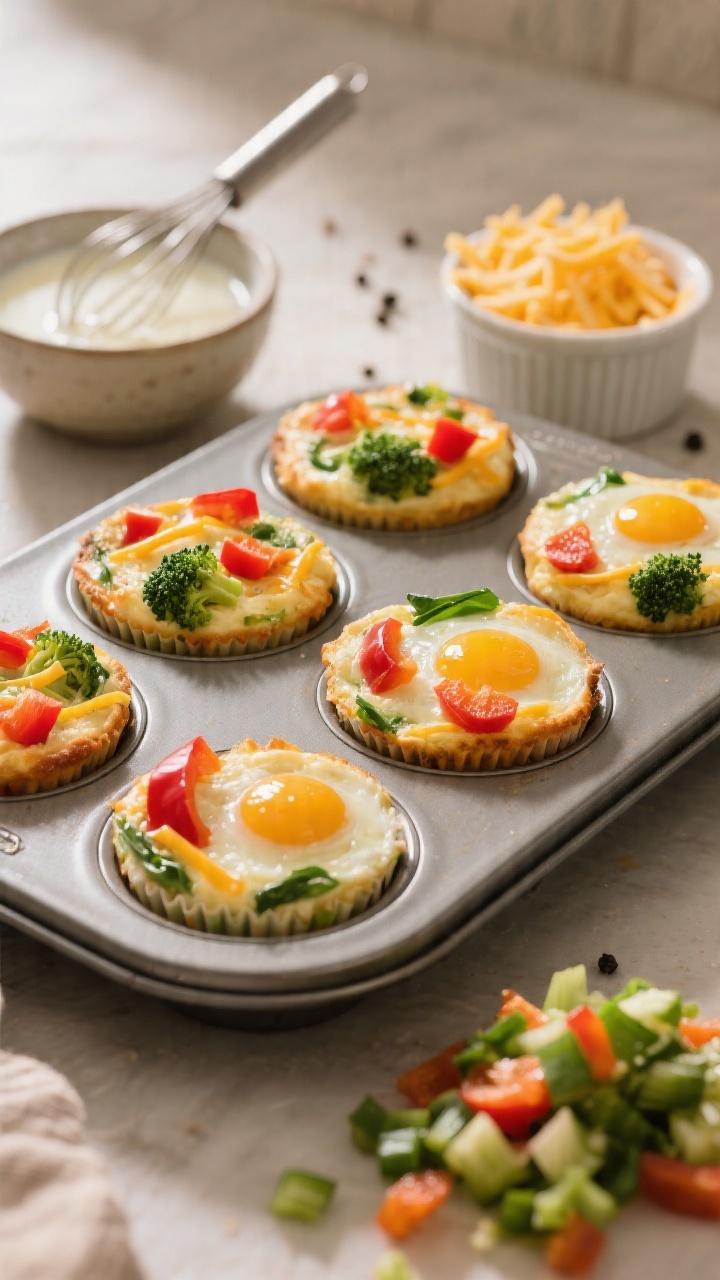 45-degree angle shot of rainbow egg muffins just out of the oven in a nonstick muffin tin: visible chunks of red bell pepper, green spinach, tiny broccoli bits, and melty mild cheddar strands set in fluffy baked eggs; a small bowl of whisked eggs with milk, salt, and black pepper nearby, plus a ramekin of shredded cheese and a pile of finely chopped veggies; warm golden light, sharp focus on the muffins’ glossy tops, minimal kitchen backdrop.