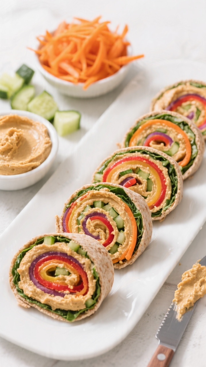 45-degree angle shot of rainbow veggie hummus pinwheels sliced into bite-size spirals and neatly arranged on a white platter: whole-wheat and spinach tortillas rolled with a thick layer of hummus (classic and roasted red pepper for color contrast), tight spirals showing very finely shredded carrot and finely diced seedless cucumber. Include small side bowls of hummus, a pile of extra carrot shreds, and cucumber dice; a sharp knife with hummus smears nearby. Bright, cheerful mood, clean background for kid-friendly appeal.