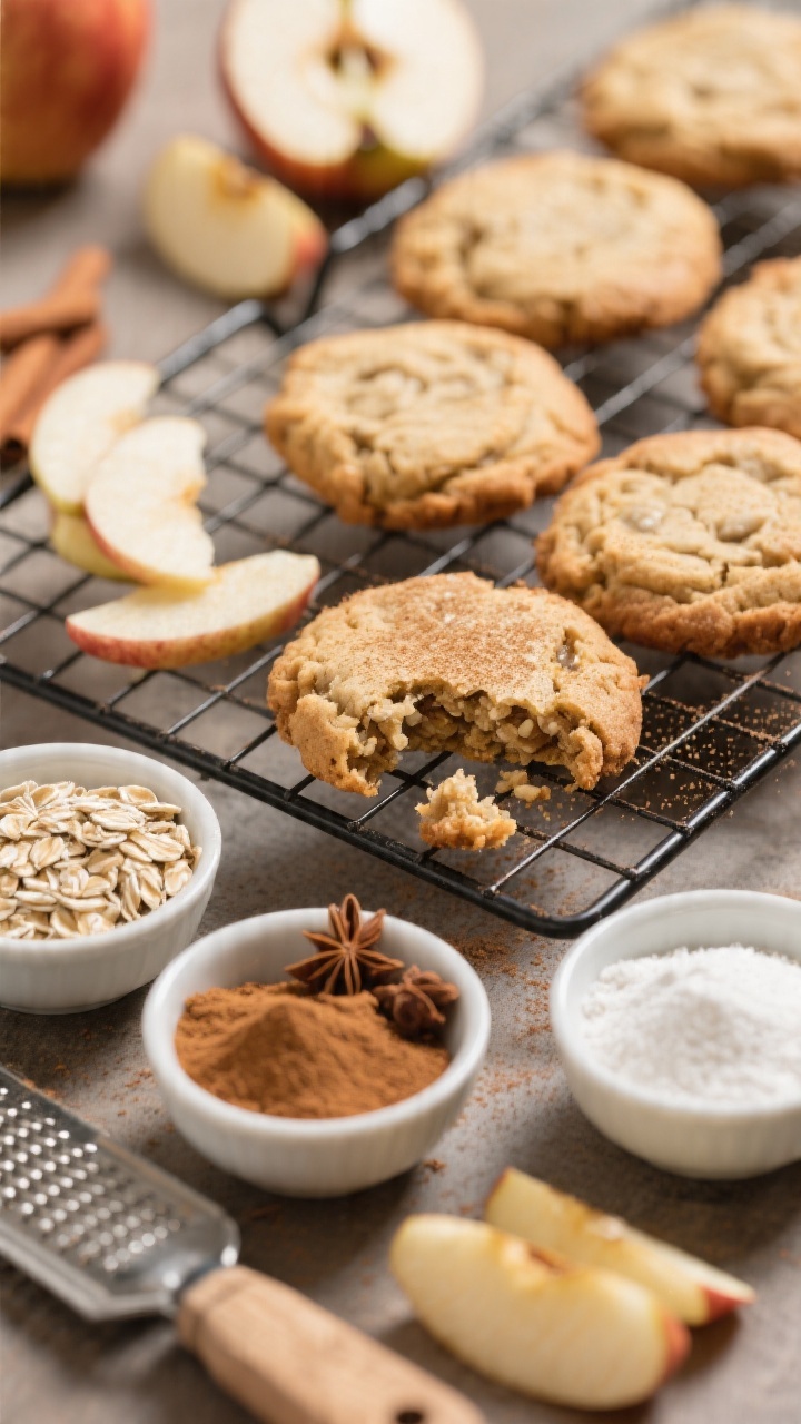 45-degree angle shot of Soft-Baked Apple Pie Cookies on a cooling rack, dusted lightly with cinnamon; broken cookie in foreground revealing tender crumb with quick oats; small bowls of white whole wheat flour, quick oats, ground cinnamon, nutmeg, baking powder, and baking soda arranged artfully; thin apple slices and a microplane grater hinting at apple pie vibes; cozy autumn tones, soft focus background.