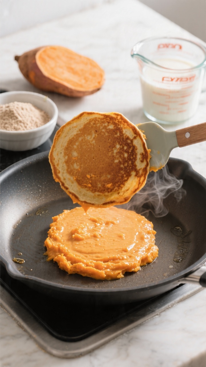 45-degree angle skillet action shot for Sweet Potato Sunshine Pancakes: batter dolloped onto a lightly oiled nonstick griddle, showing bright orange hue from mashed sweet potato; a small batter bowl nearby with whole wheat flour, baking powder, and milk visible; in the background, a halved cooked sweet potato and a measuring cup of milk; one pancake mid-flip with a spatula just out of frame, steam gently rising; clean, modern kitchen surface, sunny morning vibe, sharp focus on bubbling batter.