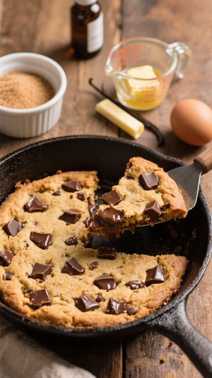 45-degree angle, skillet presentation of Gooey Chocolate Chunk Skillet Cookies fresh from the oven: a cast-iron skillet filled with a golden-brown cookie studded with glossy, melting chocolate chunks, slice cut like a pizza with one wedge lifted on a pie server revealing gooey interior; nearby ingredients include a ramekin of light brown sugar, a small bowl of granulated sugar, a stick of melted butter in a glass measuring cup, a vanilla bottle, and a whole egg; warm, cozy mood with soft highlights and a rustic wooden table.