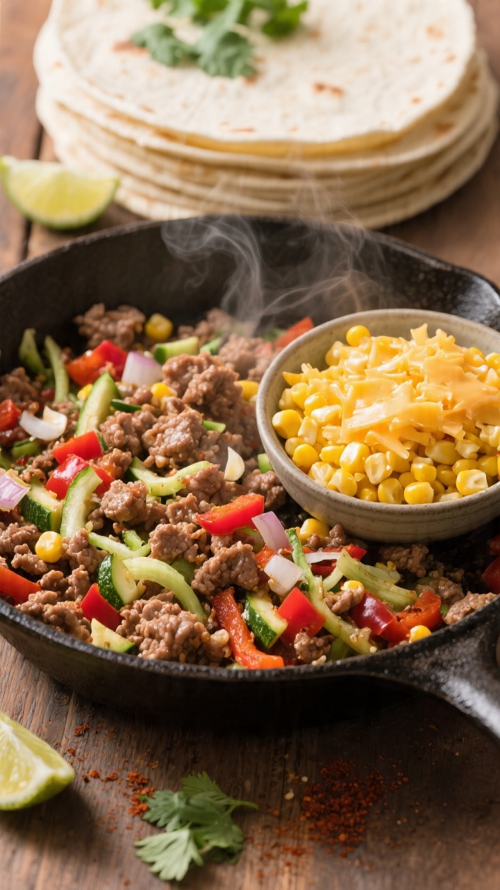 45-degree angle skillet scene of a sneaky veggie taco mixture cooking: ground turkey browned with finely diced onion and red bell pepper, grated zucchini strands visible, minced garlic, and taco seasoning sizzling in a cast-iron skillet; cheesy corn topping in a separate bowl ready to add—golden cheddar folded through sweet corn kernels; warm, family-dinner vibe with tortillas stacked nearby, lime wedges and cilantro scattered, steam gently rising, rich colors and appetizing gloss