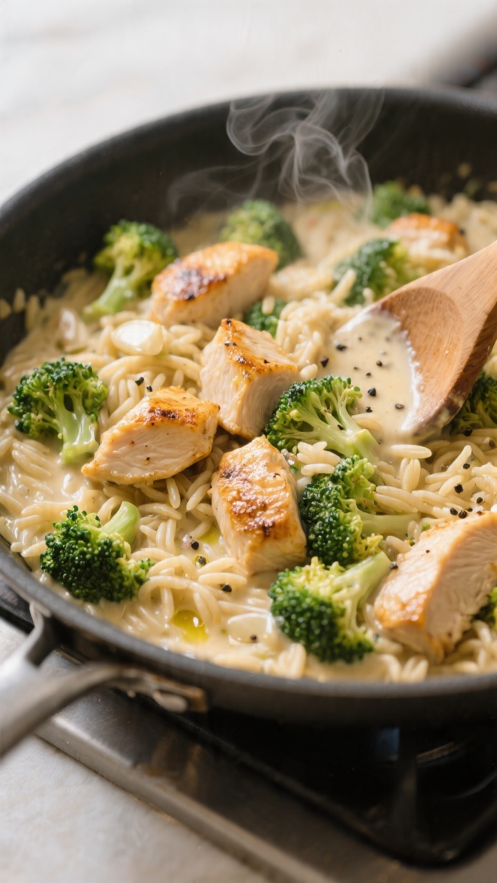 45-degree angle skillet scene of one-pan creamy chicken broccoli orzo mid-cook: bite-size boneless skinless chicken pieces seared golden in butter and olive oil, tender orzo swirled in a creamy sauce with bright green broccoli florets, flecks of garlic, visible black pepper and kosher salt; steam rising, a wooden spoon creating a creamy trail; shot on a stovetop with neutral background, professional soft light emphasizing creaminess and contrast of greens and golds.