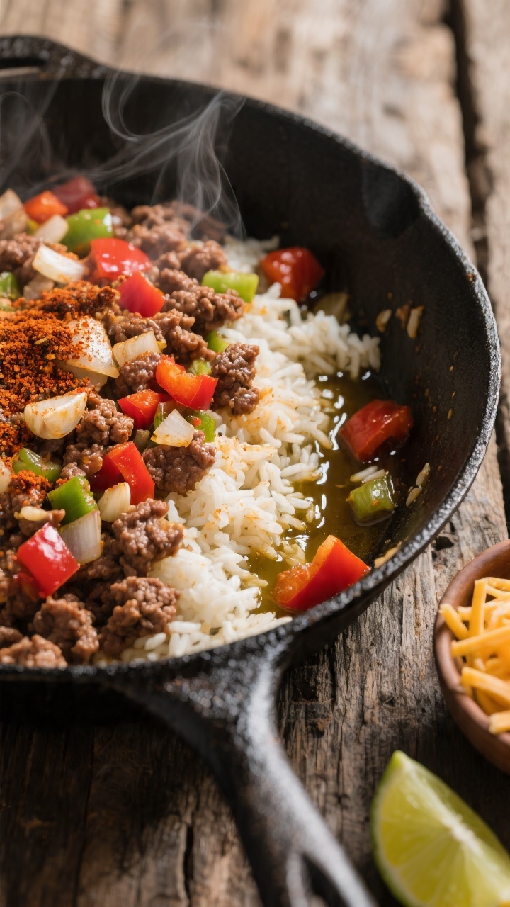 45-degree angle skillet scene of taco skillet rice mid-cook: browned lean ground beef with diced onion and bell pepper, garlic glistening in olive oil, taco seasoning dusted over, fluffy rice folded in, steam rising; vibrant reds and greens from peppers, speckled seasoning visible; served in a large black cast-iron skillet on a rustic wooden surface with lime wedges and a small bowl of shredded cheese nearby.