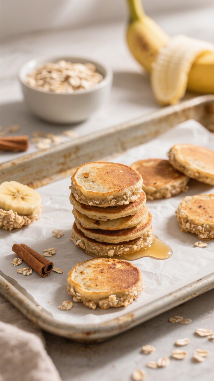 45-degree angle tray shot of banana oat pancake bites: mini round bites with a rustic, nubby oat texture and golden edges, hints of mashed ripe banana, subtle cinnamon specks; arranged on a parchment-lined baking sheet with a tiny drizzle of maple syrup pooling on a few pieces, a small bowl of rolled oats and a halved ripe banana set in the background; warm morning light, shallow depth of field to highlight the stack in front, inviting breakfast-snack mood.