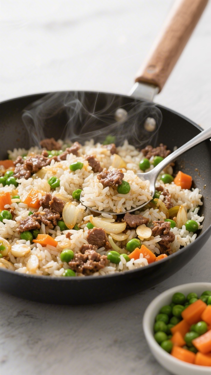 45-degree angle wok-style skillet shot (no wok needed) of easy beef and veggie fried rice: fluffy day-old jasmine rice tossed with crumbled ground beef, onions, peas, and carrots, glossy from neutral oil; bits of minced garlic visible, light soy-sheen, a few steam wisps; served with a simple spoon in-pan and a small bowl of extra peas and carrots on the side; vibrant greens and oranges pop against the neutral rice, sharp detail, appetizing stir-fry texture.