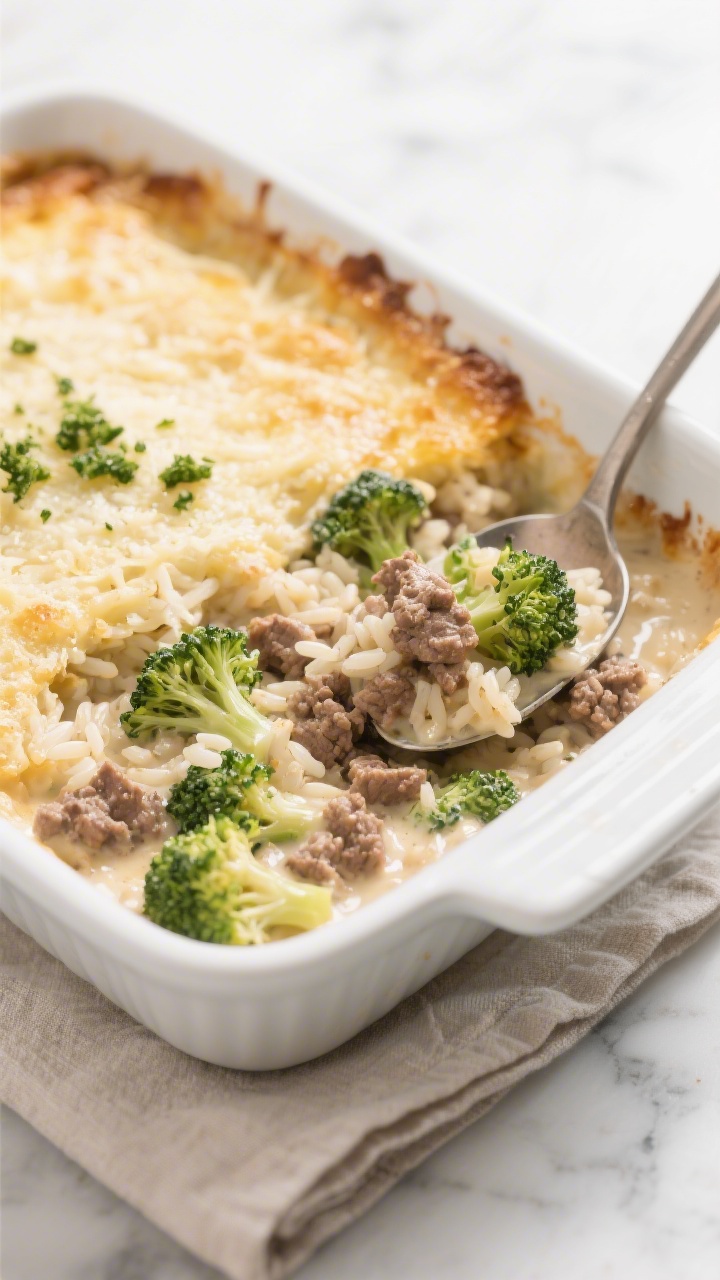 45-degree casserole beauty shot: Creamy beef, broccoli, and rice bake in a white ceramic baking dish, just set with a lightly golden top. Spoon revealing the inside: tender ground beef, tiny broccoli florets, and fluffy day-old white/brown rice bound in a creamy sauce, hints of butter/olive oil gloss. Sprinkled with a light cheese crust and a few green broccoli crumbs on top. Set on a marble surface with a neutral linen and serving spoon, cozy freezer-friendly comfort vibe.