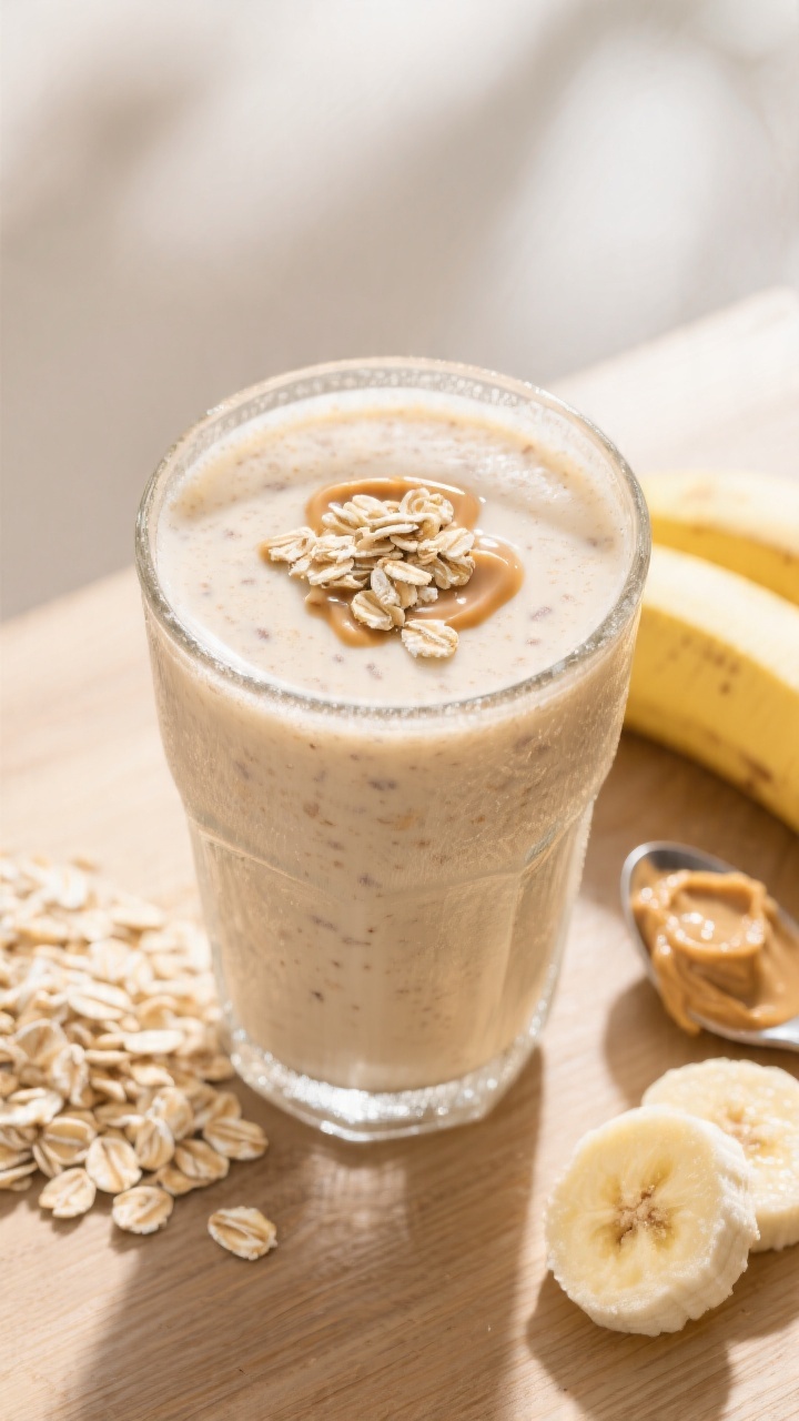 45-degree close-up of a Creamy Banana Oat Shake in a frosty glass: thick, silky pale-beige shake with visible oat flecks, topped with a sprinkle of quick oats and a drizzle of peanut butter; beside it, staged ingredients include a small pile of rolled oats, a spoonful of peanut butter (or sunflower seed butter), and frozen banana slices; shot on a cozy light-wood surface with soft morning light, minimal props, focus on creamy texture and wholesome feel.