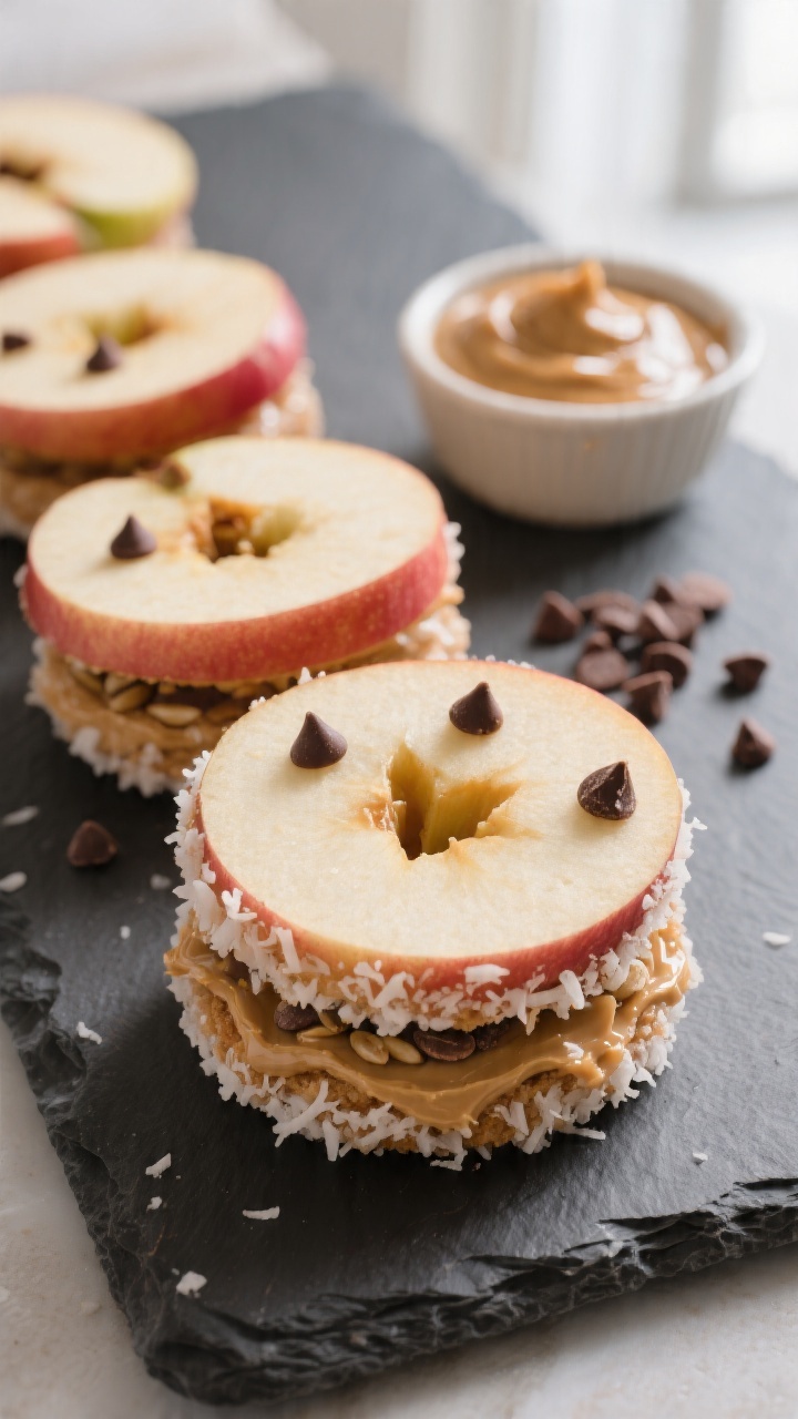 45-degree close-up of apple sandwich “cookies” arranged on a slate board: Honeycrisp apple rings cored and sandwiched with a thick layer of sunflower seed butter, edges rolled in unsweetened shredded coconut with a sprinkle of mini chocolate chips peeking out; a small bowl of SunButter, a ramekin of coconut, and scattered chips as styling elements; glossy apple skins, crisp textures, soft window light, shallow depth highlighting one stacked sandwich in the foreground.