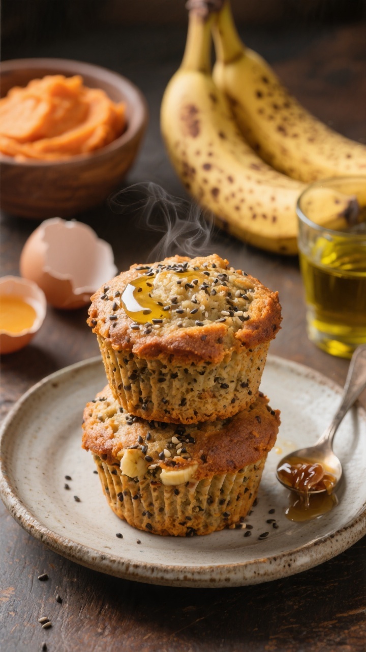 45-degree close-up of banana bread sweet potato muffins with hidden chia, stacked on a rustic plate; speckled crumb showing mashed banana and chia seeds, glossy top from a light brush of oil; background props include a mashed sweet potato bowl, two very ripe spotty bananas, a small glass of avocado oil, a cracked egg shell, and a dribble of maple syrup on a spoon; warm, cozy tones suggesting banana-bread richness, shallow depth of field, steam subtly rising.