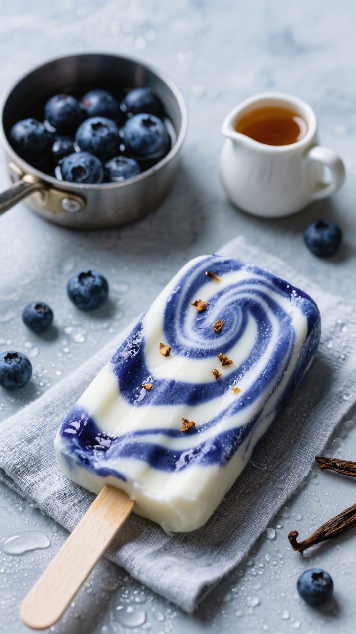 45-degree close-up of Blueberry Coconut Swirl Pops With Vanilla: marbled swirls of deep indigo blueberry compote against creamy full-fat coconut milk and plain yogurt, tiny vanilla bean specks visible; a small saucepan of glossy blueberries with 2 teaspoons water nearby, a drizzle of maple syrup in a tiny pitcher (optional), and scattered fresh blueberries; placed over a cool-toned linen with icy condensation, professional studio lighting emphasizing the silky swirl and juicy blueberry bursts.