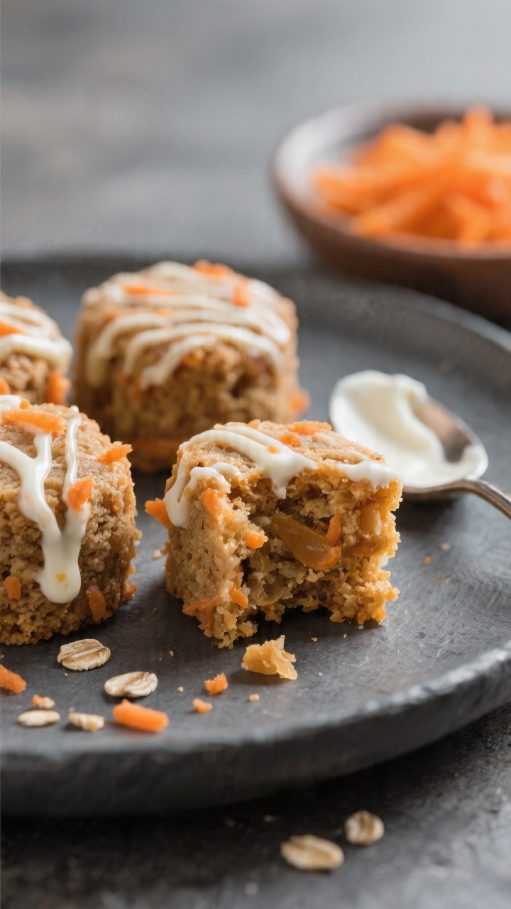 45-degree close-up of Chewy Carrot Cake Bites drizzled with a thin, glossy yogurt swirl: visible flecks of finely grated carrot, oat and whole wheat flour texture, sweetened with unsweetened applesauce and a touch of pure maple syrup. Set on a matte slate plate with a tiny spoon streaked with yogurt nearby; warm, inviting tones, macro focus on the moist interior where one bite is broken open, background blur of a small bowl of grated carrot.