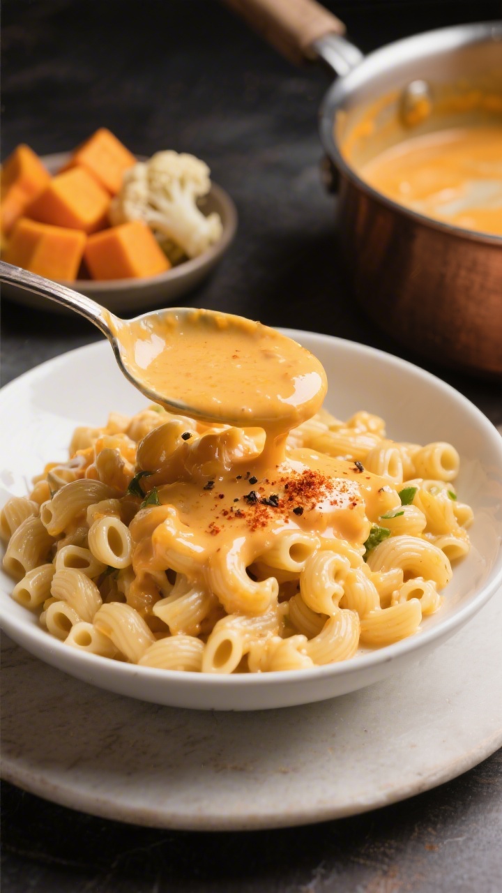 45-degree close-up of creamy veg-packed mac and cheese being spooned into a shallow white bowl: whole-wheat elbow macaroni coated in a silky butternut squash–cauliflower cheese sauce made with broth and milk, ultra-smooth and velvety, lightly dusted with paprika and black pepper. Background shows a small dish of steamed butternut squash cubes and cauliflower florets, and a saucepan with remnants of the orange-gold sauce. Warm, soft light to highlight creaminess, shallow depth of field, focus on glossy sauce clinging to the pasta.