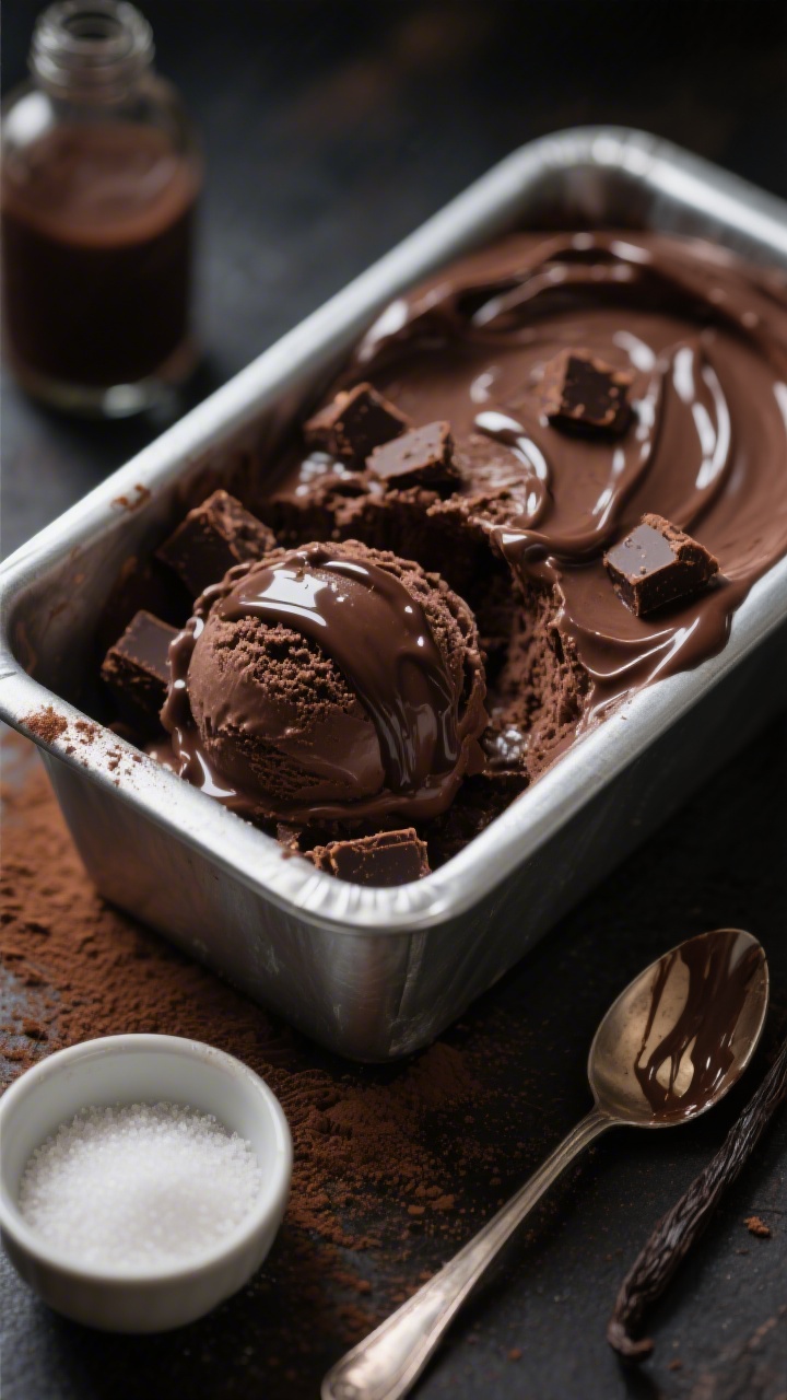 45-degree close-up of Double-Chocolate Fudge ice cream scooped into a chilled metal loaf pan: ultra-creamy dark chocolate ice cream with glossy ribbons of chocolate syrup and scattered brownie bite chunks folded throughout; cocoa powder dusted lightly on the edge of the pan, a small bowl of granulated sugar, a spoon streaked with fudge, and vanilla bottle in background blur; rich, moody lighting to emphasize deep browns and fudgy texture, tight depth of field for indulgent detail.