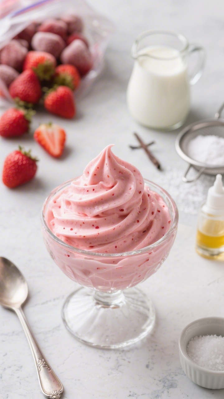 45-degree close-up of Five-Minute Blender Strawberry Soft-Serve swirling into a chilled glass sundae dish: intensely pink, smooth texture with tiny strawberry seeds visible, a soft ripple showing movement. Ingredients staged behind slightly out of focus—bag of frozen strawberries spilling a few berries, small pitcher of cold heavy cream, powdered sugar in a sieve, vanilla extract dropper, and a pinch of salt in a ramekin. Styled on a pale stone surface with a silver spoon, bright and fresh, high contrast to emphasize the vivid strawberry color.