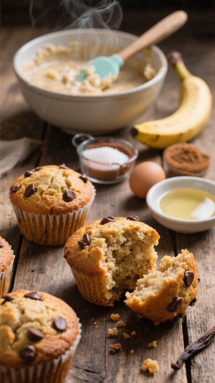 45-degree close-up of freshly baked one-bowl banana muffins with chocolate chips: domed tops studded with melting chocolate, crackly golden crusts; one muffin torn open to reveal moist banana crumb; in the background a single mixing bowl with a silicone spatula coated in batter, mashed ripe bananas in a measuring cup, and small dishes of granulated sugar, brown sugar, neutral oil, eggs, and vanilla; warm, cozy morning vibe on a rustic wood table, shallow depth of field, steam gently rising.