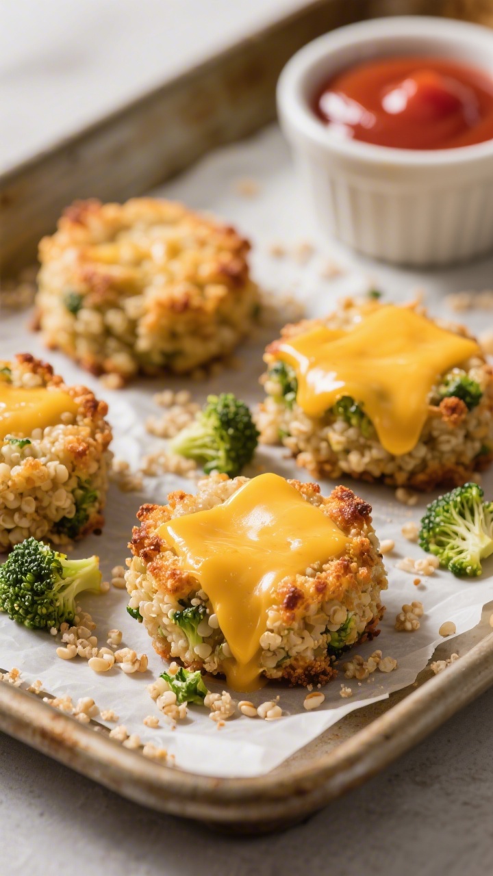 45-degree close-up of golden Cheesy Broccoli Quinoa Bites fresh from the oven, showing crispy edges and melty cheddar pockets. Place several bites on a small parchment-lined baking sheet with visible quinoa grains, finely chopped steamed broccoli flecks, and a dusting of whole-wheat breadcrumbs. Include a small ramekin of ketchup or yogurt dip in the background, warm directional light highlighting crumb texture and gooey cheese, shallow depth of field for appetizing focus.