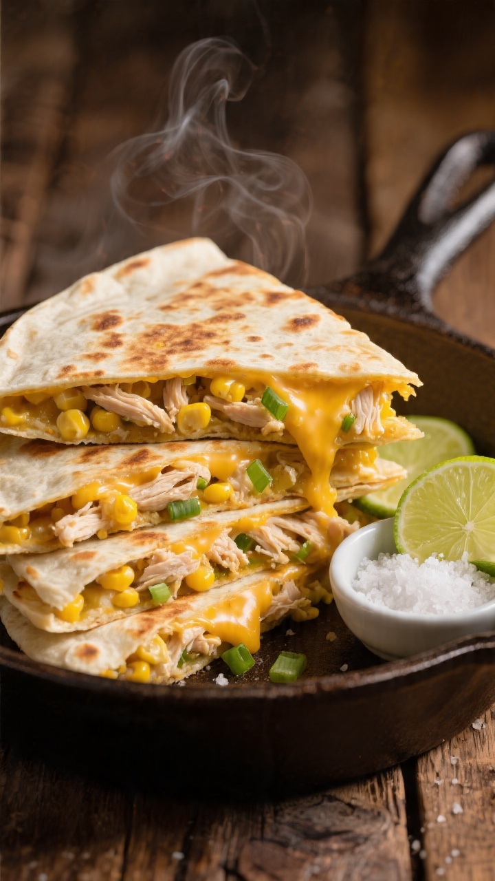 45-degree close-up of golden Sweet Corn and Chicken Quesadilla wedges stacked on a warm cast-iron skillet: toasty tortillas with oozy Monterey Jack/mild cheddar, juicy corn kernels, tender shredded chicken, and finely chopped green onion peeking from the seams; a side pinch bowl of sparkling lime salt and lime wedges, faint cheese pull, light char blisters on tortillas, steam subtly visible, styled on a rustic wooden table.