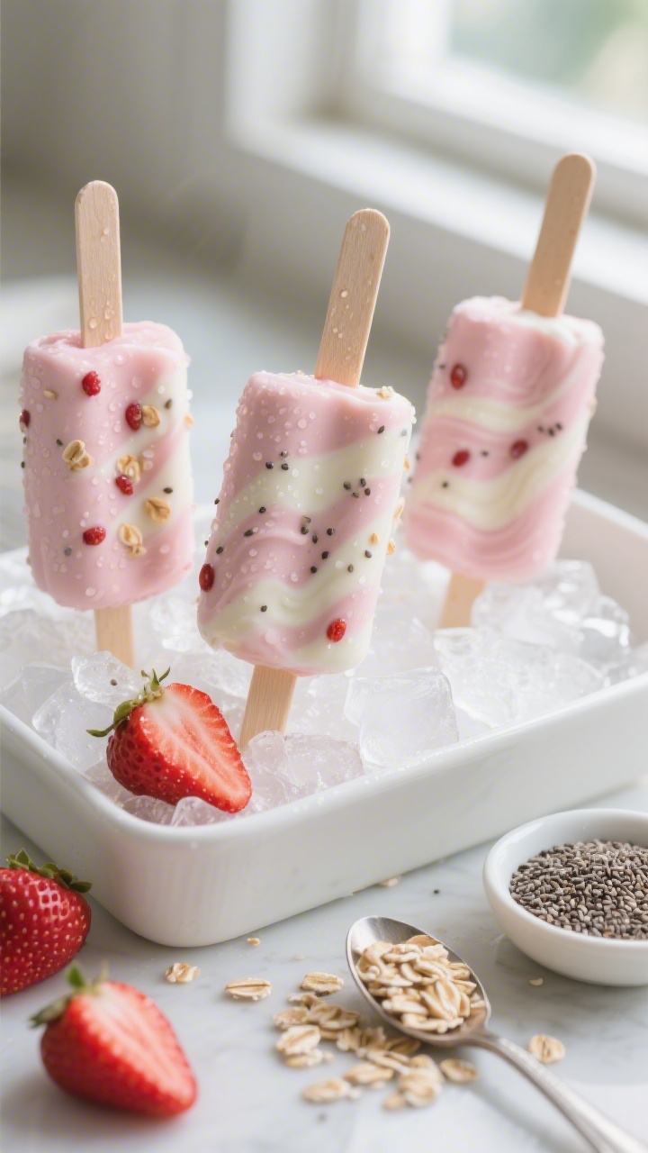 45-degree close-up of Strawberry Oat Breakfast Pops just unmolded and standing in a white tray filled with crushed ice: visible strawberry seeds and swirls of whole-milk yogurt, tiny flecks of quick oats and chia seeds suspended in the pale pink base; a few hulled strawberries, a spoonful of oats, and a small dish of chia scattered artfully around; natural window light, breakfast mood, matte ceramic props, appetizing condensation on the pops.