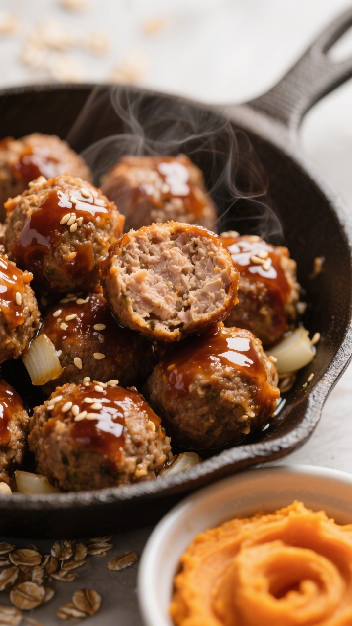 45-degree close-up of Sweet Potato Turkey Meatballs glazed with a shiny maple coating: tender meatballs made from ground turkey, mashed roasted sweet potato, finely minced onion, garlic, and rolled oats, piled in a shallow enamel skillet, steam gently rising. The sticky maple glaze clings and pools slightly, with a few sesame seeds sprinkled for texture (optional styling), and roasted sweet potato mash swirled in a small ramekin nearby. Warm autumnal tones, tight depth of field to emphasize glossy glaze and moist crumb inside one halved meatball.