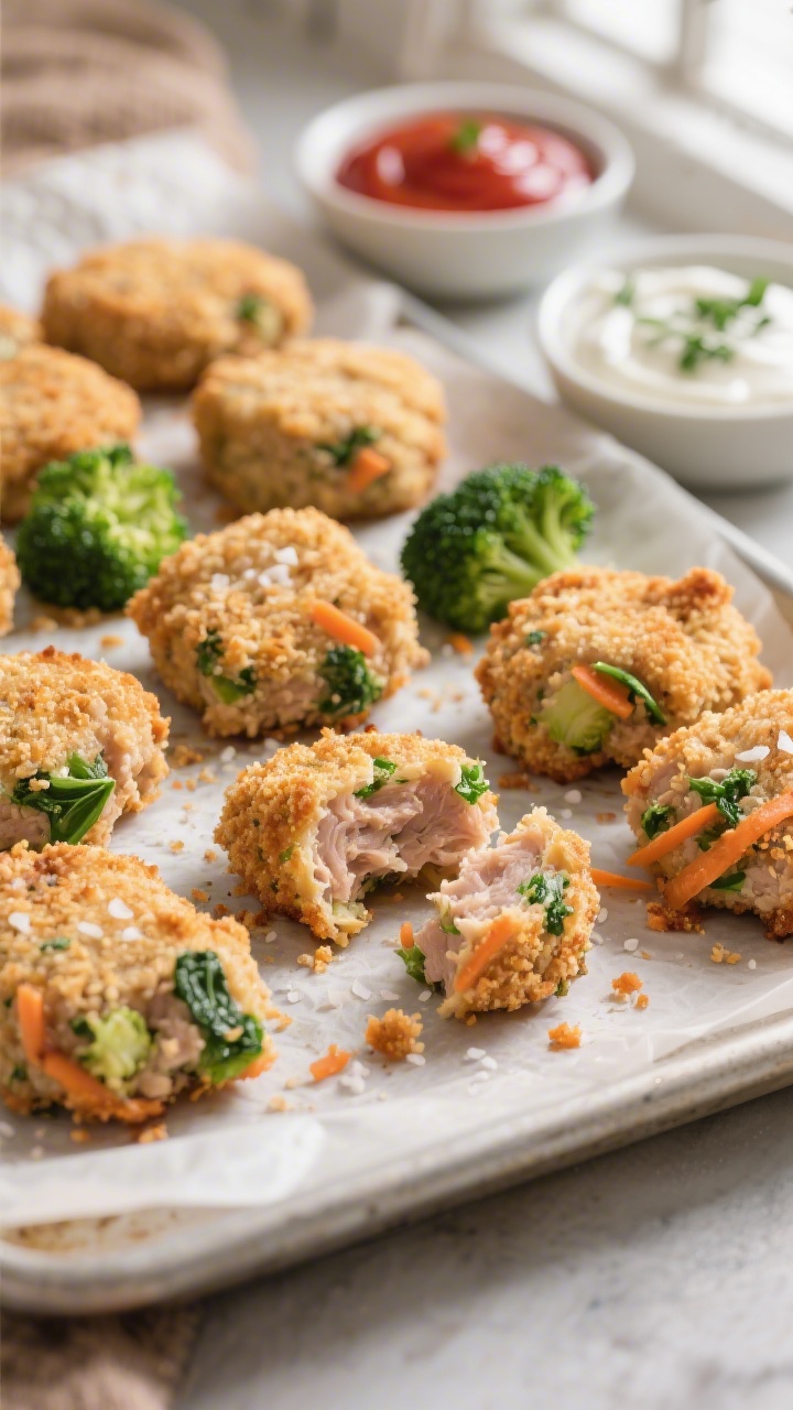 45-degree close-up of Turkey Veggie Nuggets fresh from the oven on a parchment-lined sheet: bite-size nugget mounds made from ground turkey mixed with finely chopped broccoli, grated carrot, and spinach, lightly breaded with panko and baked to a golden crunch; a sprinkle of sea salt, visible green flecks inside a broken-open nugget showing juicy interior; small bowls of ketchup and yogurt-herb dip, warm, family-friendly mood with natural window light.