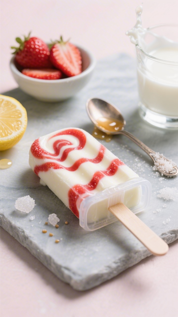 45-degree close-up swirl detail: A tight 45-degree shot of creamy strawberries & cream swirl pops, the marbled ribbons of bright strawberry puree and whole-milk Greek yogurt clearly visible through transparent molds. Include a small bowl of hulled fresh strawberries, a spoon dusted with sugar or honey drizzle, a lemon wedge expressing a droplet, and a splash of milk in a glass. One pop is unmolded and lying on a cool slate with a few sugar crystals and strawberry seeds glistening. Soft, airy mood, pastel background, professional studio lighting highlighting the luscious creamy texture and glossy fruit sheen.
