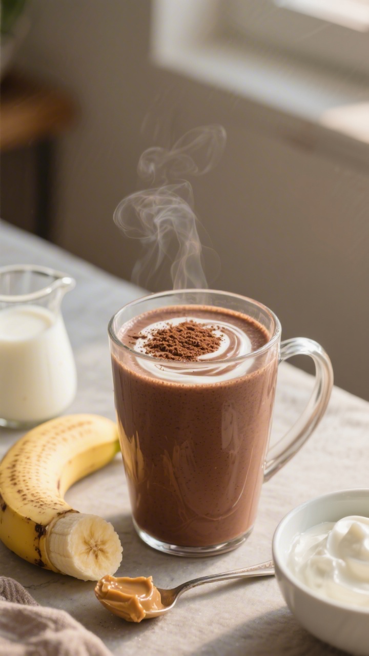 45-degree cozy breakfast scene of the Cocoa-Banana Smoothie: a rich, chocolate-brown smoothie in a clear mug, dusted with a light veil of unsweetened cocoa powder, with a swirl of Greek yogurt marbled in; ingredients artfully included—frozen banana, a small spoonful of almond or peanut butter, a little pitcher of milk, and a bowl of plain Greek yogurt; warm morning light, subtle steam-like warmth implied through styling, inviting and comforting mood that nods to hot chocolate while remaining a chilled smoothie.