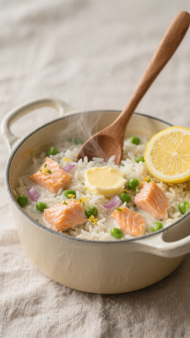 45-degree cozy one-pot scene: Creamy salmon rice in a light enamel saucepan—jasmine/basmati grains plump and glossy from low-sodium broth, tender flakes of skinless salmon folded throughout, sweet peas scattered, and fine onion bits melded into the sauce. Lemon zest sprinkled over top with a wedge of lemon resting on the rim, a soft pat of melted butter sheen or olive oil drizzle visible. Served with a wooden spoon dipping in, gentle steam rising, neutral linen backdrop for a comforting feel.