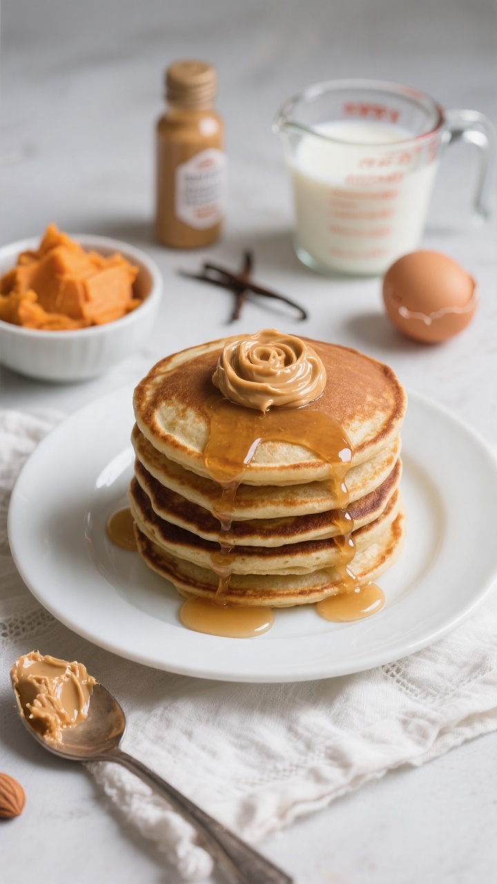 45-degree hero close-up of Almond Butter Power Pancakes stacked high, nutty and tender with a slightly glossy surface, topped with a swirl of almond butter and a drizzle of maple syrup cascading down the sides; include a small bowl of mashed sweet potato, a spoonful of almond butter, a bottle of vanilla, a measuring cup of milk, and a single cracked egg in the background; clean white plate on a linen napkin, crisp professional lighting to showcase protein-packed, freezer-friendly comfort.