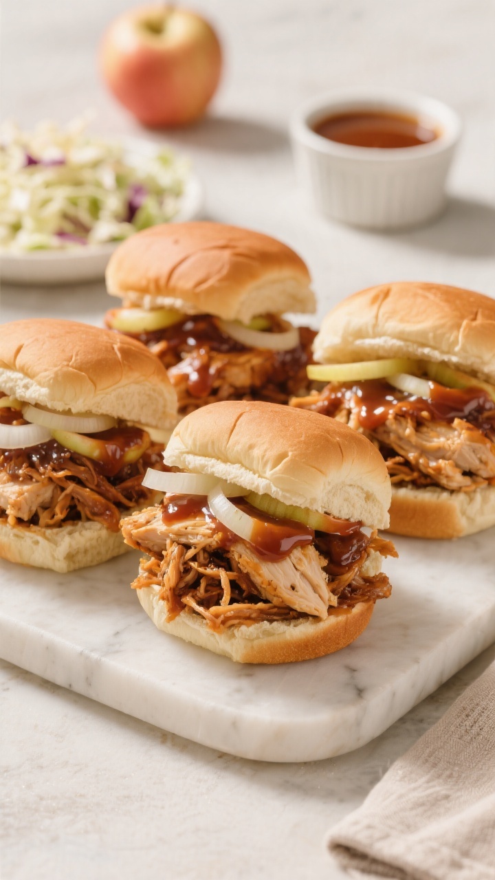45-degree hero shot of slow cooker BBQ pulled chicken sliders arranged for tiny hands: soft mini slider buns piled with juicy strands of BBQ-sauced pulled chicken made from boneless skinless breasts, thin onion ribbons, and a hint of apple sweetness; a brush of extra mild BBQ sauce glistening, a small dish of apple juice and sauce in the background, neat coleslaw on the side, warm natural light to enhance sticky-sweet textures, no people, clean kid-friendly styling.