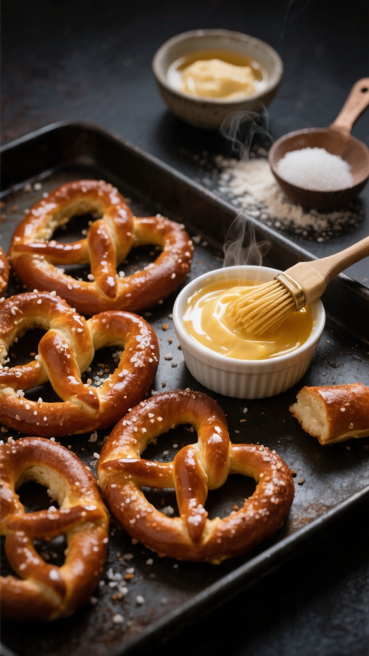 45-degree hero shot of soft pretzel bites brushed with glossy honey butter: deep golden-brown, pillowy knots with visible coarse salt crystals; a ramekin of honey butter glaze glistening, pastry brush resting beside; in the background a small bowl of active dry yeast blooming in warm water, a scoop of all-purpose flour dusted on the surface, and a pinch bowl of sugar; served on a dark baking sheet for contrast, slight steam wafting, moody side lighting emphasizing sheen and chew.