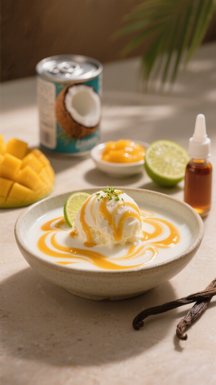 45-degree ingredient-to-final hybrid for Mango Coconut Lassi Swirl (dairy-free): a shallow bowl of silky coconut milk–based ice cream marbled with bright mango puree and a glossy swirl, accented with a micro-drizzle of honey or sugar syrup and a twist of lime zest; in the background, open can of full-fat coconut milk, small dish of mango puree, halved lime, and vanilla extract dropper; warm, tropical palette with soft shadows, clean styling, and emphasis on coconut creaminess and mango vibrancy.