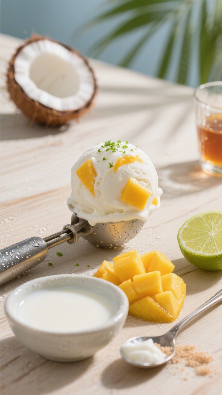 45-degree ingredient-to-final transition scene for “Dairy-Free Coconut Mango Bliss”: a coconut-milk-based ice cream scoop with a silky, snow-white base marbled with golden mango pieces, finished with a bright lime zest sprinkle. Foreground shows a small bowl of full-fat coconut milk, a spoonful of coconut cream, diced ripe mango, and sugar/maple syrup in a glass; a halved lime nearby. Shot on a light tropical wood surface with airy natural light, condensation on the scoop, vibrant yellow-orange mango against creamy white for contrast, vegan-friendly, fresh and beachy mood.