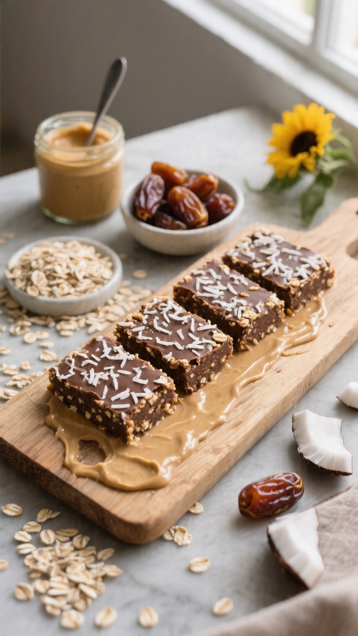 45-degree plated bar scene for no-bake nut-free oatmeal energy bars: compact rectangular bars on a rustic board, edges clean, studded with rolled oats, fine strands of unsweetened shredded coconut, and a fudgy date-sunflower seed butter base; a drizzle swipe of tahini/sunflower seed butter on the board. Surround with a small bowl of pitted Medjool dates, scattered oats, a pinch of coconut, and a jar of sunflower seed butter with a spoon. Natural window light, subtle contrast to highlight chewy texture.