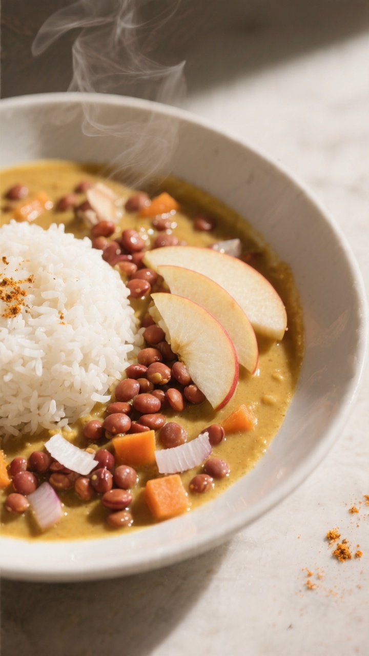 45-degree plated bowl of creamy coconut lentil curry with soft rice and apple accents: tender red/brown lentils simmered with coconut oil, very finely chopped onion and carrot, mild curry powder, and garlic, yielding a velvety golden curry ladled beside a mound of fluffy white rice. Garnish with thin slices of crisp apple and a light coconut drizzle to echo the mild, kid-friendly sweetness. Subtle steam, warm color grading, minimal props to focus on the comforting, creamy texture.