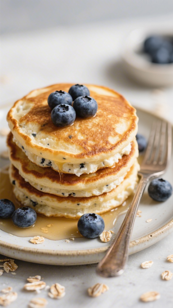 45-degree plated breakfast scene of no-fuss cottage cheese pancakes stacked three high, golden with softly crisp edges and tender centers, studded with fresh blueberries and a few extra berries scattered around. Visible oat flecks, a hint of vanilla-cinnamon warmth, and a light drizzle of maple syrup catching highlights; served on a small ceramic plate with a fork, natural morning light, inviting and wholesome.
