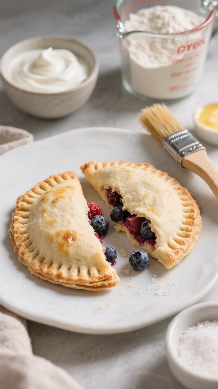 45-degree plated final presentation of No-Roll Toddler-Friendly Berry Hand Pies made with yogurt dough: small, rustic, half-moon hand pies with crimped edges, lightly golden with a few berry juices bubbling at the seams; one hand pie broken open to show vibrant mixed berry filling. In the scene: a small bowl of plain Greek yogurt, a measuring cup of self-rising flour, a brush with melted unsalted butter, and a pinch bowl of sugar sprinkled over tops. Soft natural light, minimal props, appetizing gloss and flaky tender crumb captured.