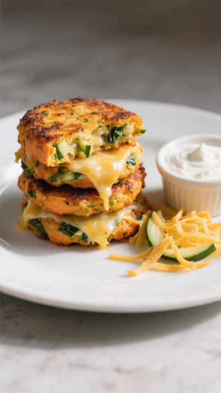 45-degree plated presentation: Golden, pan-seared cheesy sweet potato veggie patties stacked on a matte white plate, edges crisp and cheese slightly melted; flecks of finely grated zucchini and chopped spinach visible in the tender interior; a small ramekin of mild yogurt dip on the side, scattered shredded mild cheddar and a few raw zucchini ribbons as garnish; shot at a 45-degree angle with directional side light to highlight texture and gooey cheese strands.