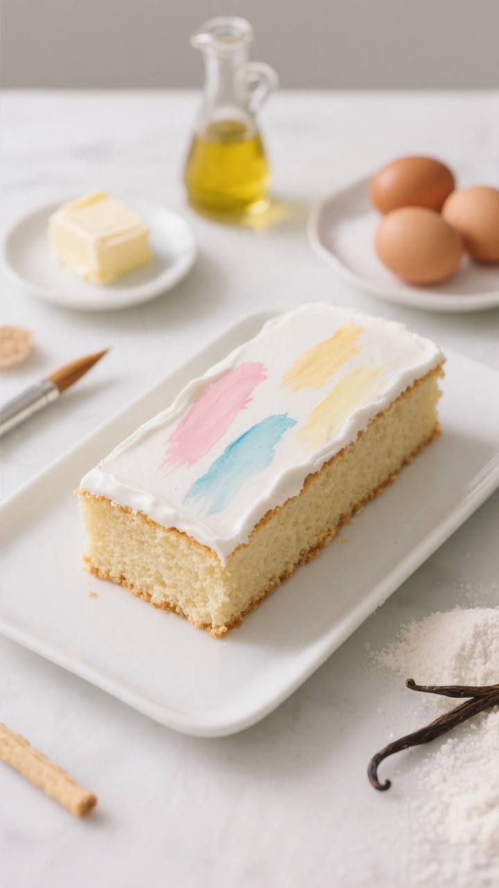 45-degree plated presentation of a vanilla snack cake slab on a white rectangle platter, smooth white icing as a “canvas” brushed with edible watercolor strokes in pastel pinks, blues, and yellows; crumb shows fine, tender texture from butter-and-oil blend; surrounding ingredient cues: softened butter on a dish, neutral oil in a spouted bottle, granulated sugar, three eggs, vanilla extract, all-purpose flour; minimalist studio backdrop, soft daylight, precise focus on painted brushstrokes and clean cake edges.