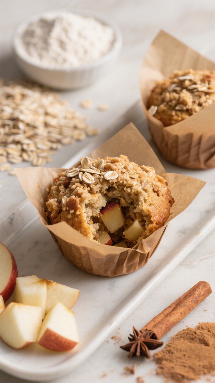 45-degree plated presentation of Apple Cinnamon “Lunchbox” Muffins crowned with rustic oat streusel tops, set in brown parchment liners. One muffin split open to show tender apple-studded crumb with cinnamon and a hint of allspice. Surround with key ingredients: diced apple pieces, white whole wheat and all-purpose flour, baking powder and soda, rolled oats for the streusel, ground cinnamon, and a pinch of allspice. Autumnal tones, soft diffuse light, cozy lunchbox-friendly mood.