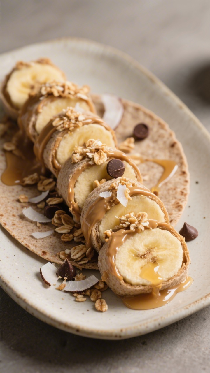 45-degree plated presentation of banana sushi rolls: whole-wheat tortillas spread edge-to-edge with peanut butter and a thin ribbon of honey, tightly rolled around firm ripe bananas, then sliced into neat bite-size coins. Each piece is dipped on one cut end into crunchy toppings—crushed granola, toasted coconut flakes, and mini chocolate chips—arranged in tidy rows on a neutral ceramic plate. Soft, diffused lighting, focus on contrasting creamy, crunchy textures.