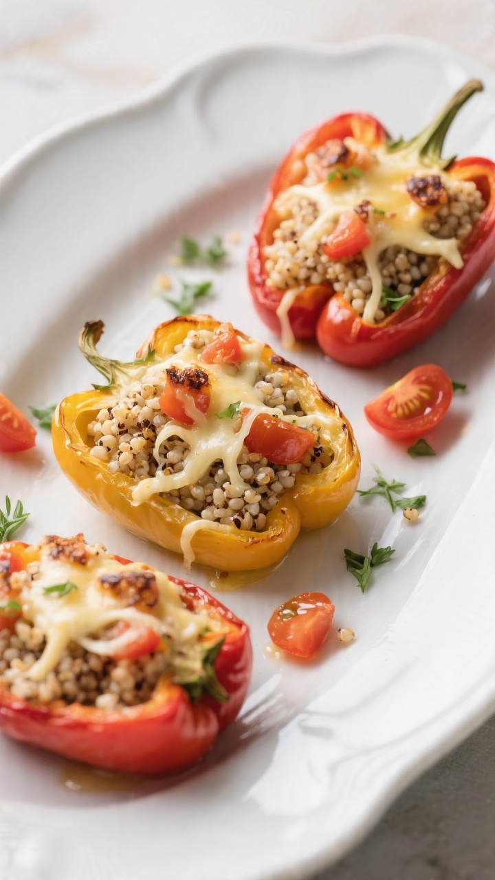 45-degree plated presentation of cheesy quinoa stuffed peppers: halved small bell peppers filled with fluffy quinoa cooked in low-sodium broth, mixed with finely chopped tomatoes and melted cheese threads visible, lightly browned tops, arranged on a white ceramic platter with a few scattered tomato pieces and chopped herbs, vibrant reds, yellows, and greens, glossy finish, natural daylight highlighting textures, appetizing and tidy.