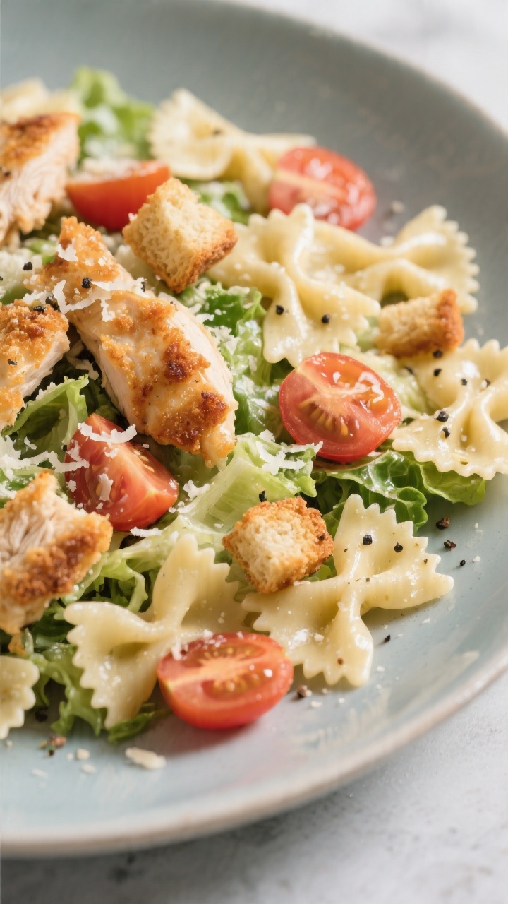 45-degree plated presentation of Crispy Chicken Caesar Pasta Salad: bowtie pasta tossed with chopped romaine, halved cherry tomatoes, and bite-size pieces of crispy chicken, lightly dressed to glisten; visible grated Parmesan and cracked black pepper, crunchy crouton-style bits for texture. Served in a wide shallow bowl, selective focus on the crispy chicken and pasta ridges, cool-toned backdrop, fresh and crunchy mood.